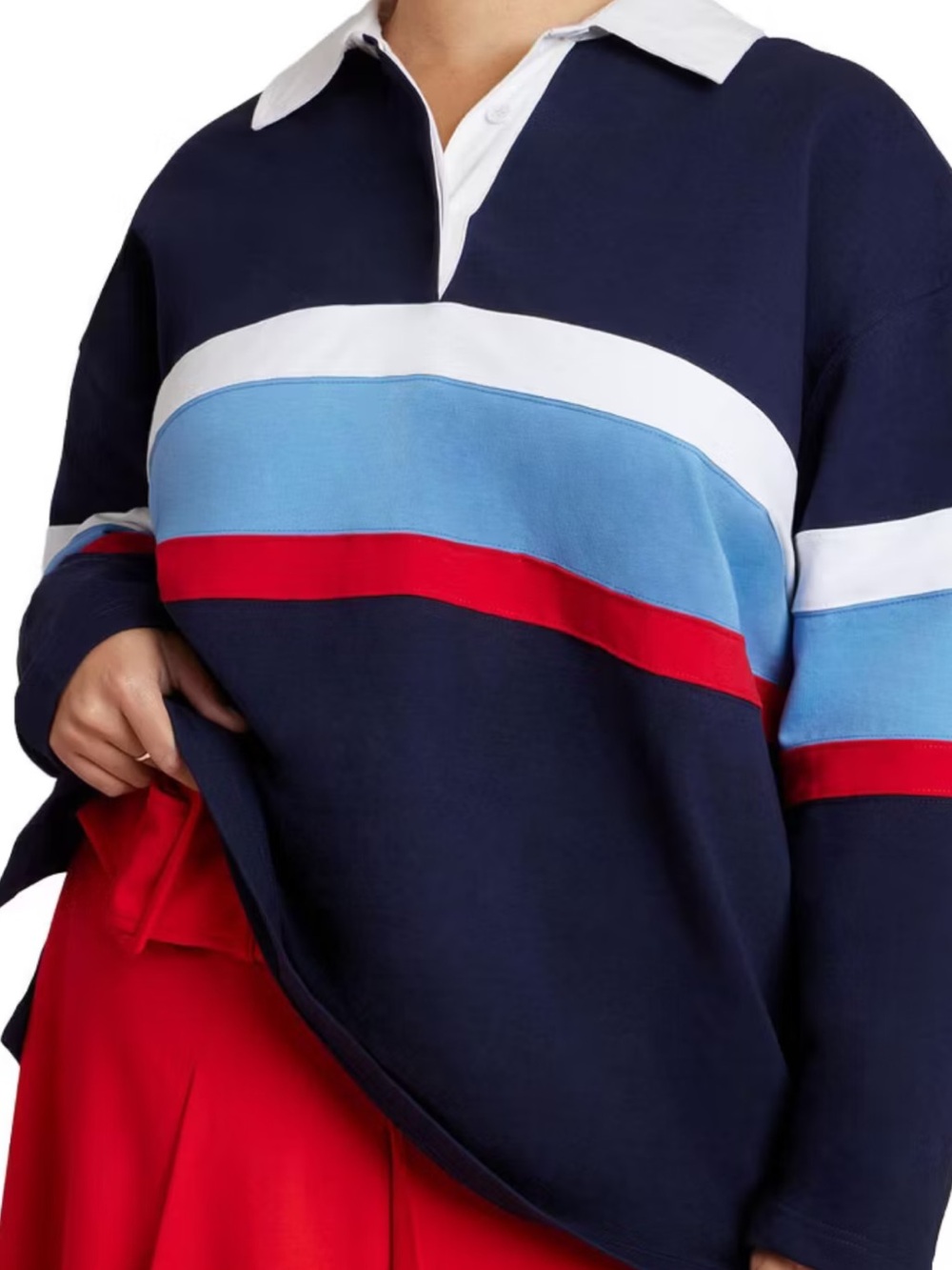 Eloquii Navy Polo Sweater with Light Blue, Red & White Stripes